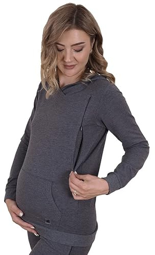 Mamatoto Mamma-huvtröja för amning, mjuk känsla, graviditets- och amningströja med känguruficka, Svartmelerad, 32