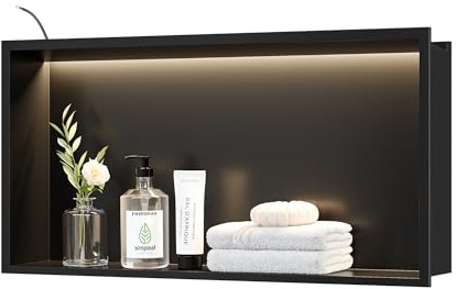 Neohomee Wandnische Dusche 304 Edelstahl mit LED-Beleuchtung, wasserdicht IP68, Einbau-Duschnische Schwarz Einzelregal Lagerung für Badezimmer, 60 x 30 cm