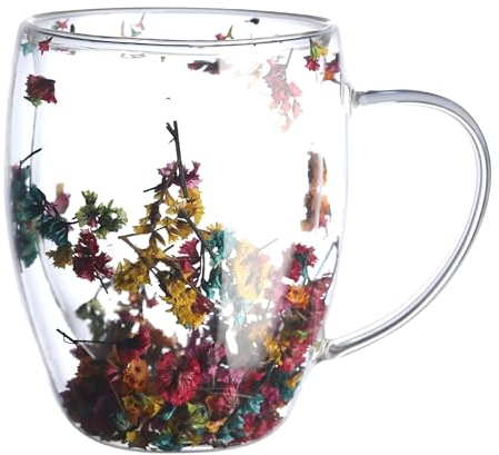 Hoquare Dry Flowers Double Walled Coffee Mugs 350ml Insulated Thermal Coffe Glasses Large Tea Cups Clear Glass Cups for Latte Cappuccino Macchiato Hot or Cold Drinks