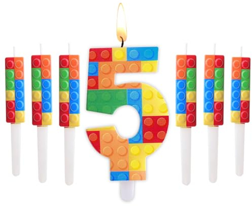 Herdear 7 Pezzi Candela Numero 1-9 di Compleanno a Blocchi di Costruzione con 6 Candele a Mattoncini di Costruzione Candeline Numeriche per Topper per Torta Decorazione e Feste (Numero 5)