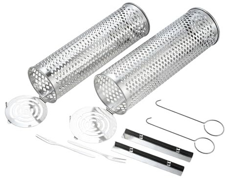 DRELD 2Sets Grill Basket Rolling, Upgrade Stainless Steel Grill Basket 2 Sizes Thickened Mesh Cage with 2 Forks and 2 Hooks, Rolling Grill Rack BBQ Accessories for Vegetable, Meat, Fish