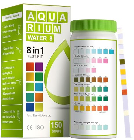 AAwipes Kit di test 8 in 1 per acquari e laghetti per acquari e laghetti per testare il pH, carbonato, alcalinità, durezza, cloro, ecc. (150)