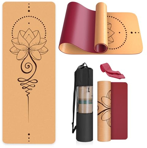 Haninj Cork Yoga Mat Non Slip Unique Design Natural Cork Tpe Material Fitness Exercise Mat with Carry Bag and Strap For Home, Pilates,Aerobic,Gym & Workout 72 X 24 (Red-Lotus)