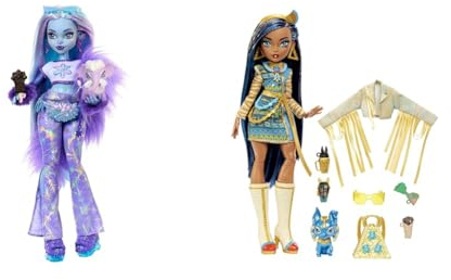 Monster High Abbey Bominable Yeti mit Mammut-Haustier und Accessoires & Cleo de Nile Puppe - Königliches Outfit, Killerstiefel, Pyramidenrucksack, Zubehör, für Kinder ab 6 Jahren, HHK54