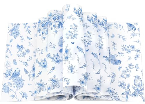 Feifeiya 200 Pcs Floral Wax Paper Sheet for Food Chinoiserie Bird Deli Paper Waterproof Sandwich Wrapping Greaseproof Food Basket Liners for Picnic Party Kitchen Supply, 9.8 x 8.7inch (Floral,Blue)