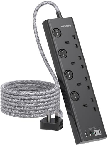 Black Extension Lead with 4 USB Slots(2 USB C), 4 Way Plug Extension Socket with Individual Switches, 1.8M Extension Cable, Desk Power Strip for Bedroom Office Accessories