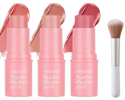 3PCS Bâton de Fard à Joues Longue Durée Hydratant, Multi-usage Maquillage Blusher avec Pinceau pour Yeux Lèvres et Joues, Blush Léger et Aérien au Fini Naturel et Lumineux