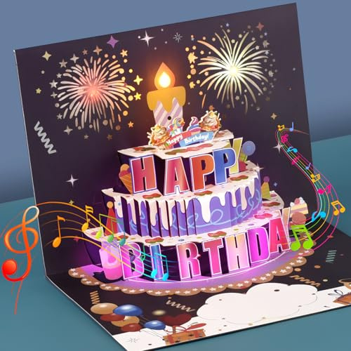 Clheatky Musical Birthday Cards, Pop Up Birthday Card with Music and Light, Firework Greeting Card with Interactive Blowable Candle, Birthday Gifts for Women Men Kids Child Father Wife, Purple