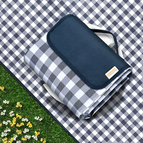 SAMSIER Outdoor Picnic Blankets Waterproof Foldable Sandproof, Extra Large Gingham Cute Picnic Mat Washable Portable for Park Beach Camping Courtyard (Navy Blue, 200 x 200cm/80×80)