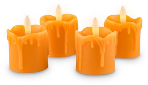 Rhytsing 4 Velas Votivas LED Naranja Cera Real Goteante con Temporizador, Velas Decorativas a Pilas para Otoño y Halloween, Pilas Incluidas, 5 cm x 5 cm (Naranja)