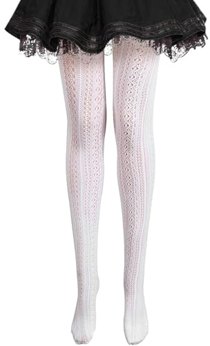 Medias Lolitas Sexy, Panty con Estampado Floral Medias para Mujer medias Trenzado Tradicionales Bávaras Pantimedias de Encaje Ahuecadas, Talla única (Blanco)