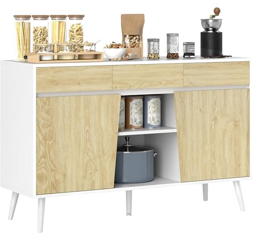 HOMCOM Aparador de 2 Puertas Aparador de Salón con 3 Cajones Estantes Mueble para TV para Dormitorio Sala de Estar 120x39x77 cm Blanco y Natural