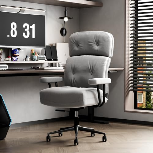 EIZIMZVU Ergonomic Home Office Chair with Adjustable Headrest, 5 Thick Cushion, High Back Swivel Desk Chair, Multiple Materials & Colors Computer Chair (High-back, Fabric-Grey)