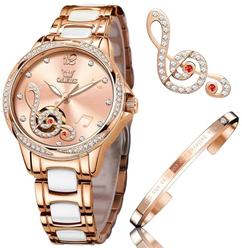 OLEVS Montres pour Femme à remontage Automatique en Or Rose avec Diamants Robes de Luxe Bracelet en céramique Blanche