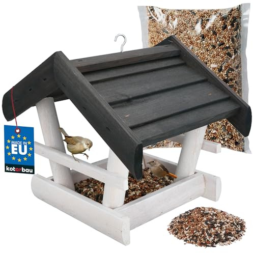 KOTARBAU® Mangiatoia per Uccelli - 24 x 30,5 x 25,5 cm - Casetta Legno per Uccelli - da Esterno - con Mangime 0,5 kg - Decorazione da Giardino - Antracite & Blanco