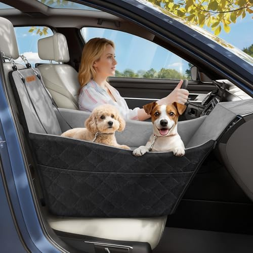 Tivray Seggiolino Auto Rialzato per Cani, Sedile Auto per Cani Piccoli e Medi fino a 16kg, Cuscino in Schiuma Lavabile, 3 Cinture di Sicurezza e 2 Tasche Portaoggetti, Nero & Grigio