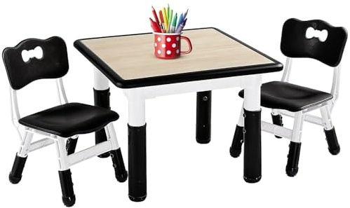 FUNLIO Kids Table and 2 Chairs Set, Height Adjustable Toddler Table and Chair Set for Ages 3-8, Easy to Wipe Arts & Crafts Table, for Classrooms/Daycares/Homes, CPC & CE Approved, Black
