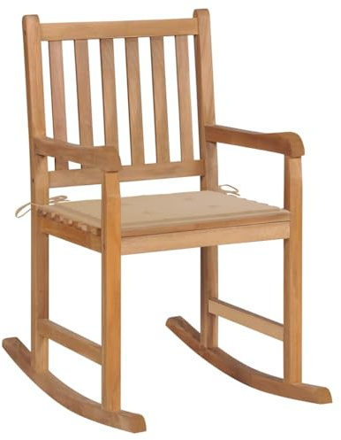 Drainlyn gungstol med beige kudde av massivt teak, väderbeständig, för trädgård, balkong och terrass, bekvämt ryggstöd med ribbotten
