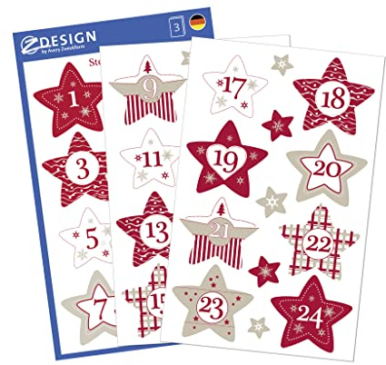 AVERY Zweckform Adventskalender Zahlen 24 Sterne (Made in Germany, Aufkleber Weihnachten, Papier, selbstklebend, Sternenzahlen, Adventskalender, Adventszahlen Nr. 1-24, Weihnachtskalender) 52890