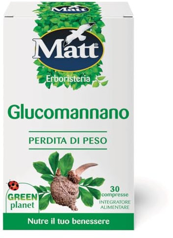 Matt, Glucomannano, Integratore Alimentare Ideale per una Dieta Ipocalorica, Aumenta il Senso di Sazietà, Senza Glutine, Confezione da 30 Compresse, 30g