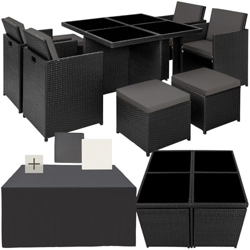 tectake® Set di Mobili da Giardino, Arredo Giardino, Resistente Rattan Sintetico, Alluminio, Mobili d Arredo, 4Sedie, Tavolo, 4Sgabelli, Involucro Protettivo - Nero