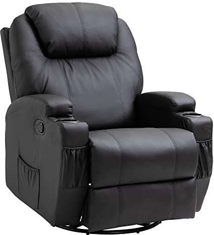 HOMCOM Fauteuil de Massage inclinable, Bascule et pivotant à 360°, Fauteuil de Relaxation, Dossier et Repose-Pieds réglable manuellement, télécommande, Porte-gobelets et Poches latérales, Noir