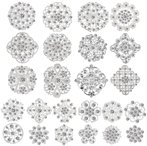 Hiceeden Lot 24 Pcs Crystal Brooches Pins, Silver Shining Clear Rhinestone Brooches Flower Jewelry Bridal Wedding Bouquet Kit Gift for Girls, Women, DIY Decoration