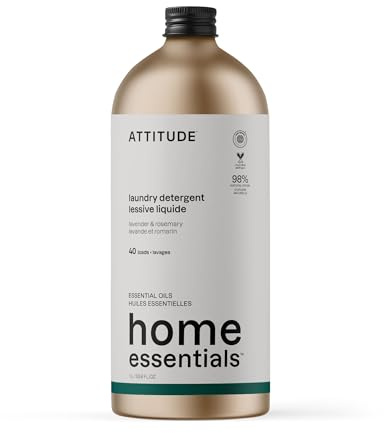 ATTITUDE Laundry Detergent, EWG Verified, Plant and Mineral-Based Ingredients, HE, Vegan Laundry Products, Refillable Aluminum Bottle, 40 Loads, Lavender and Rosemary, 1 Liter