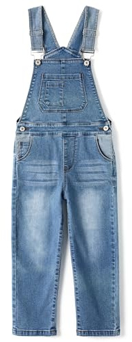 KIDSCOOL SPACE Overol de mezclilla para niñas, cintura elástica en el interior, mono de jeans elásticos lavados