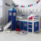 Homestyle4u 2565, Kinderhochbett Weiß 90x200cm Holz Kiefer Spielbett Blau Hochbett Turm Rutsche Vorhang Leiter Lattenrost