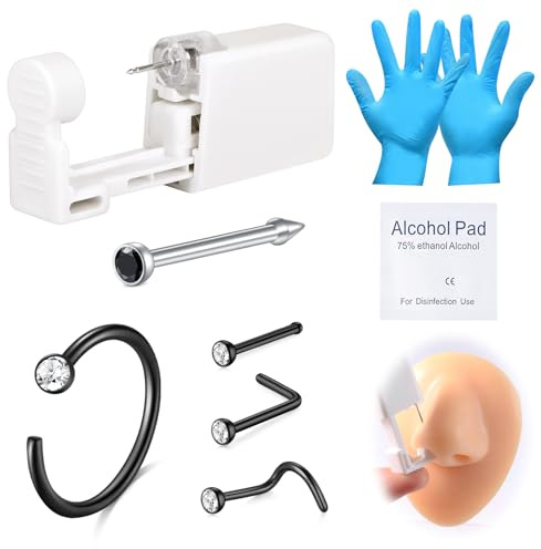 AVYRING 8Pcs Nose Piercing Kit, Built-in Black Nose Studs, Painless Self Piercing Kit with 20G Nose Rings Studs, Disposable Piercing Gun for At Home Piercing