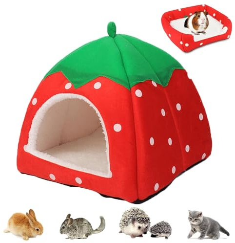 Kuschelsack Meerschweinchen Haus, Waschbar Meerschweinchen Zubehoer, Kaninchen Zubehör, Kuschelig Winter Kaninchen Haus, Ratten Zubehör Für Zwergkaninchen/Chinchilla/Hamster (Erdbeeren)