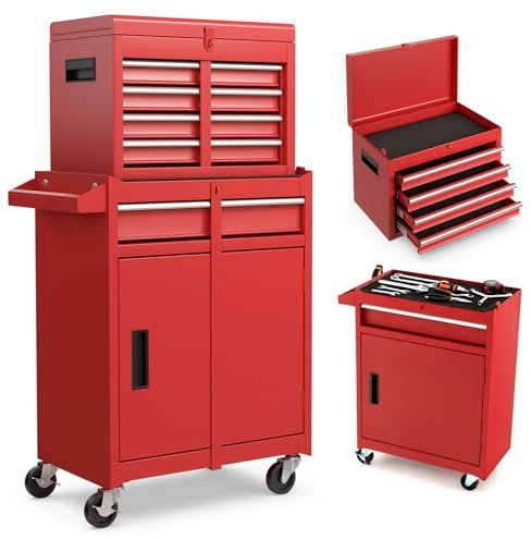 HOMFME Rolling Tool Cabinet, 2 in 1 Detachable Tool Chest with Drawers, Wheels, Hooks, Side Handle, Lockable Metal Tool Box Cart Trolley for Garage Workshop (Red)