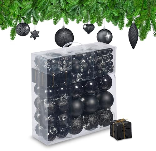 Relaxdays Weihnachtskugeln 110er Set, Kunststoff, Weihnachtsbaumdeko mit Kugeln & Lametta, Christbaumschmuck, schwarz