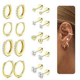 LOLIAS 9 Paar Ohrringe Set - 316L Chirurgenstahl Creolen, Ohrstecker, Helix Piercings - Golden Ohrringe für Damen
