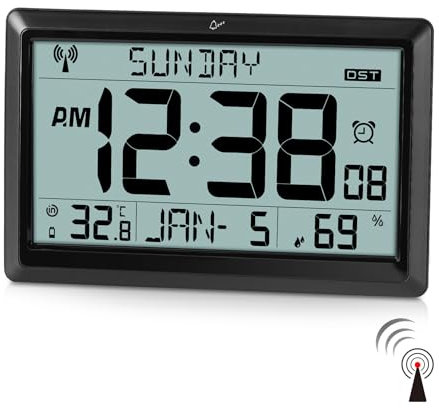 SZELAM Radio Controlled Wall Clock,10.5 Large Display Digital Wall Clock Battery Operated,Digital Calendar Auto Setting Desk Clocks with Indoor Temperature, Humidity,Date,Day,Auto DST for Elderly
