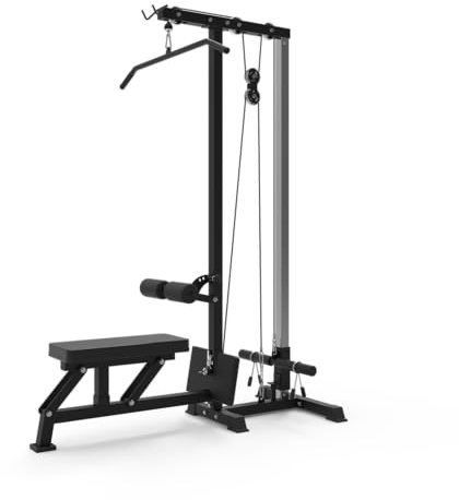 Bad Company Latzug-Turm mit klappbarem Sitzpolster und Zubehör - Latzug-Maschine für Training von Oberkörper Bizeps Trizeps am Kabelzug I BCA-106 (schwarz, Aluminium-Umlenkrollen)