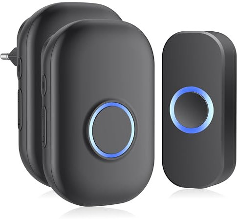 Jeatone Sonnette sans Fil Exterieur Etanche,Sonette sans Fil Exterieure 2 Recepteur,IP44 Étanche Carillon Electronique,150M Sonnette de Porte,32 Mélodies au 4 Niveaux Volumes,LED Bleu,Noir