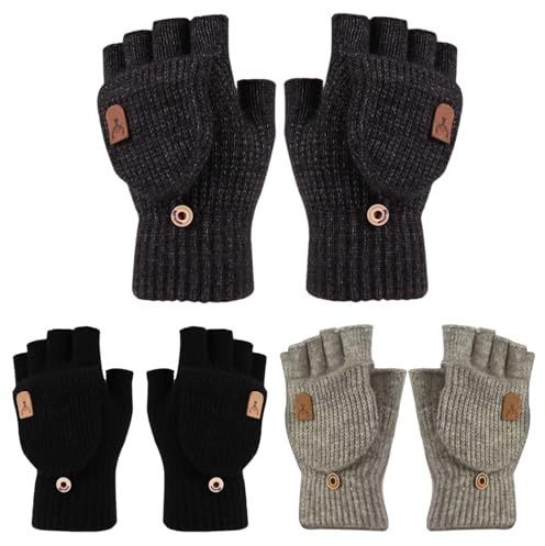 JSTHHTT 3 Pares de Guantes sin Dedos, Invierno Guantes Tejidos Cálidos, Mitones Hombre, Mitones Mujer, Guantes Termicos para Hombres y Mujers