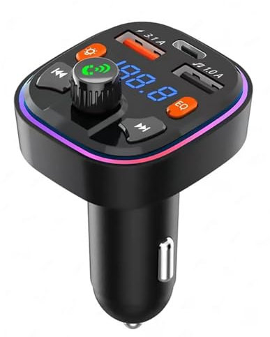 Daijianbin Transmetteur FM Bluetooth pour voiture - Double port USB et chargeur de voiture de type C PD - Rétroéclairage LED 7 couleurs - Lecteur de musique MP3
