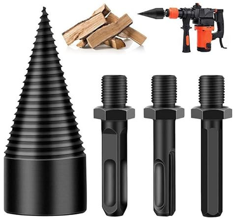 Anlising Taladro Divisor de Leña, 32MM Astilladora de Leña con 4 Asas de Taladro, Broca de Madera para leña, Broca para Cortar Leña Juego, Divisor de Troncos, para Familia, Acampar, Granja, Fábrica