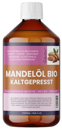 Huile d'amande vierge bio pressée à froid – Huile de massage de qualité supérieure, pour soin de la peau et des cheveux – Aromathérapie – Soin des ongles – Sans additifs – Nakobe (1000 ml)