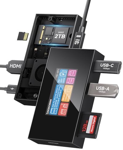 DOCKCASE 7-in-1 Smart USB-C Hub Cooling Fan & M.2 NVMe SSD Enclosure, 10Gbps USB 3.2 Gen2, USB-A/C, 4K HDMI 2.1, 100W PD, UHS-II SD/TF Card, Fits 2230/2242 B+M M-Key SSD, for Mac mini M1 2 3 4