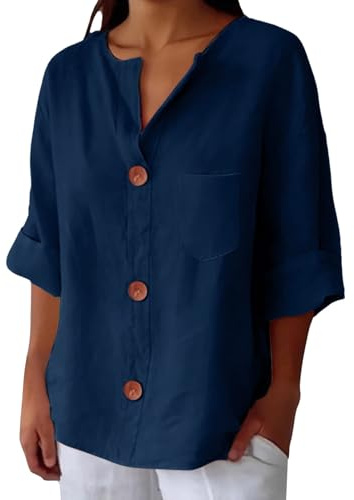 Camisas De Lino para Mujer, Blusas Holgadas Manga 3/4 con Cuello En V, Estilo Playero, Vacaciones, Verano 2026 Camiseta Roja Mujer Larga Camisetas Largas Corta Y Blusa Morada