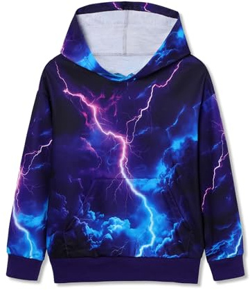 Amissz - Felpa con cappuccio per bambini e ragazzi, con stampa 3D, tasca frontale, pullover, per ragazzi e ragazze di 6-16 anni, Lightning, 11-13 Years