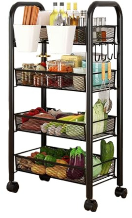 Chariot de Rangement pour Cuisine et Salle de Bain, Panier Métal Empilable avec Roulettes 360°, Organisateur de Stockage pour Fruits, Légumes, Produits, Thé, Beauté, Linge (4 couches noires)