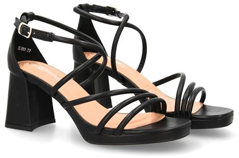 shoes&blues.es 95327 Sandalia de Tacon con Diseno de Tiras Finas y Talon Cerrado. Comodos con Plataforma, Ideal para Ocasiones Especiales. Negro Talla 38