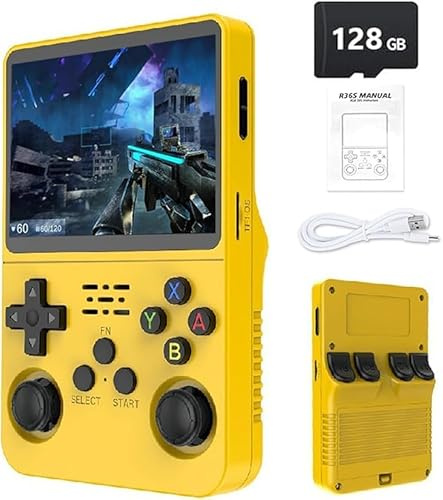 Console di gioco portatile retrò R36S: oltre 21.000 giochi classici, schermo IPS da 3,5, memoria da 64 GB/128 GB, dispositivo di gioco portatile Linux (128G-Giallo)