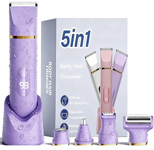 Trimmer XkuiHF 5 en 1 Afeitadora eléctrica para mujer,Cortadora para mujer, maquinilla de afeitar para mujer, recortadora femenina íntima impermeable, para pelo corporal y cara(Púrpura)