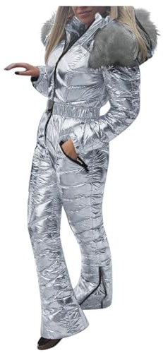 Generisk jumpsuit damer rygglös kors kvinnor fast vardaglig tjock varm snowboard skiddräkt utomhus sport dragkedja bomull vadderad huva overall skiddräkt vuxna, silver, S